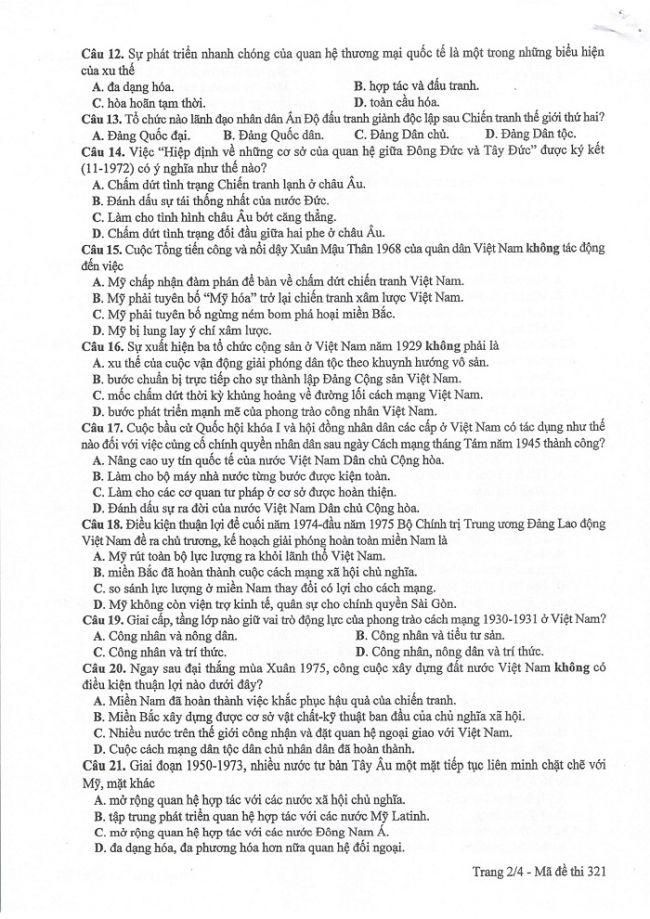 Đề và đáp án môn Sử mã đề 321 thi THPTQG 2017 – đáp án của bộ GD-ĐT