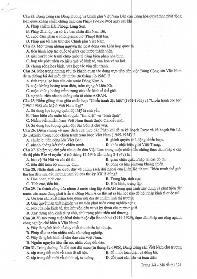 Đề và đáp án môn Sử mã đề 321 thi THPTQG 2017 – đáp án của bộ GD-ĐT