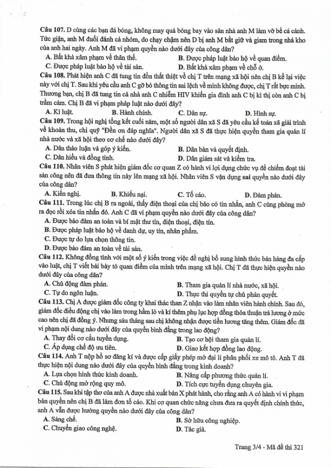 Môn Công dân mã đề 321 thi THPT quốc gia năm 2017  Đáp án mã đề 321 - đáp án chính thức của bộ GD - ĐT  Đề và đáp án toàn bộ các môn thi kỳ thi THPT quốc gia năm 2017