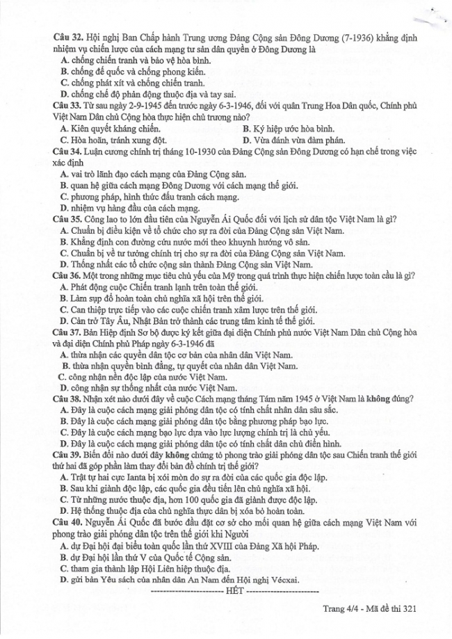 Đề và đáp án môn Sử mã đề 321 thi THPTQG 2017 – đáp án của bộ GD-ĐT
