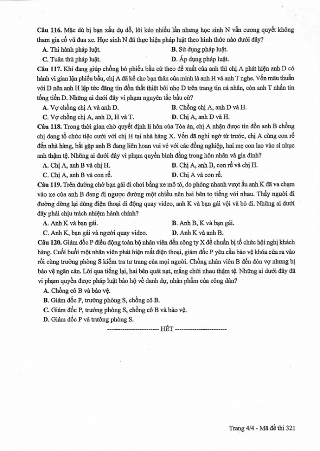 Môn Công dân mã đề 321 thi THPT quốc gia năm 2017  Đáp án mã đề 321 - đáp án chính thức của bộ GD - ĐT  Đề và đáp án toàn bộ các môn thi kỳ thi THPT quốc gia năm 2017