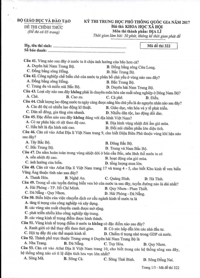 Đề và đáp án môn Địa mã đề 322 thi THPTQG 2017 – đáp án của bộ GD-ĐT