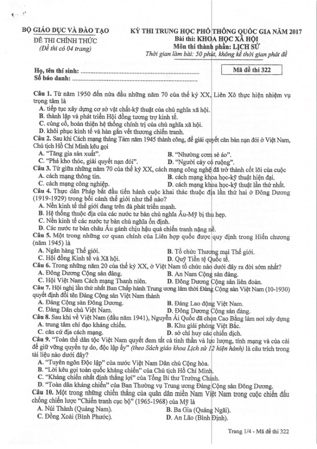 Đề và đáp án môn Sử mã đề 322 thi THPTQG 2017 – đáp án của bộ GD-ĐT