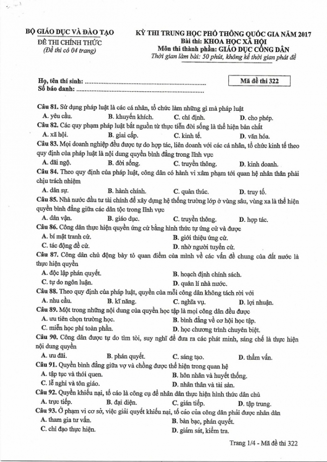 Đề và đáp án môn Công dân mã đề 322 thi THPTQG 2017 – đáp án của bộ GD-ĐT