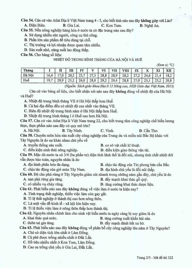 Đề và đáp án môn Địa mã đề 322 thi THPTQG 2017 – đáp án của bộ GD-ĐT