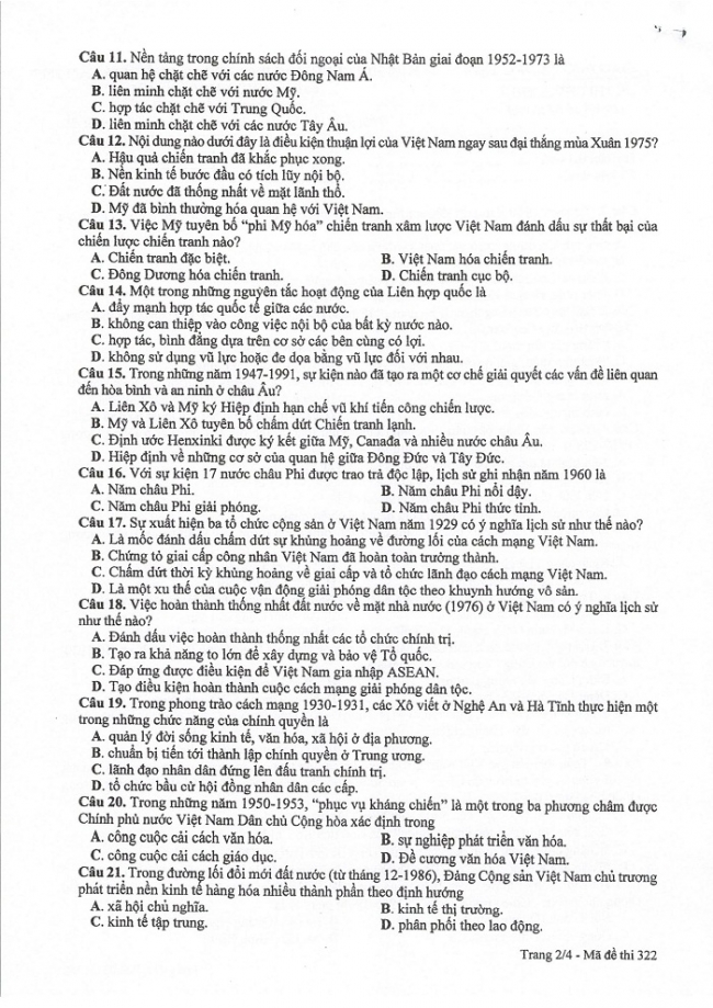 Đề và đáp án môn Sử mã đề 322 thi THPTQG 2017 – đáp án của bộ GD-ĐT