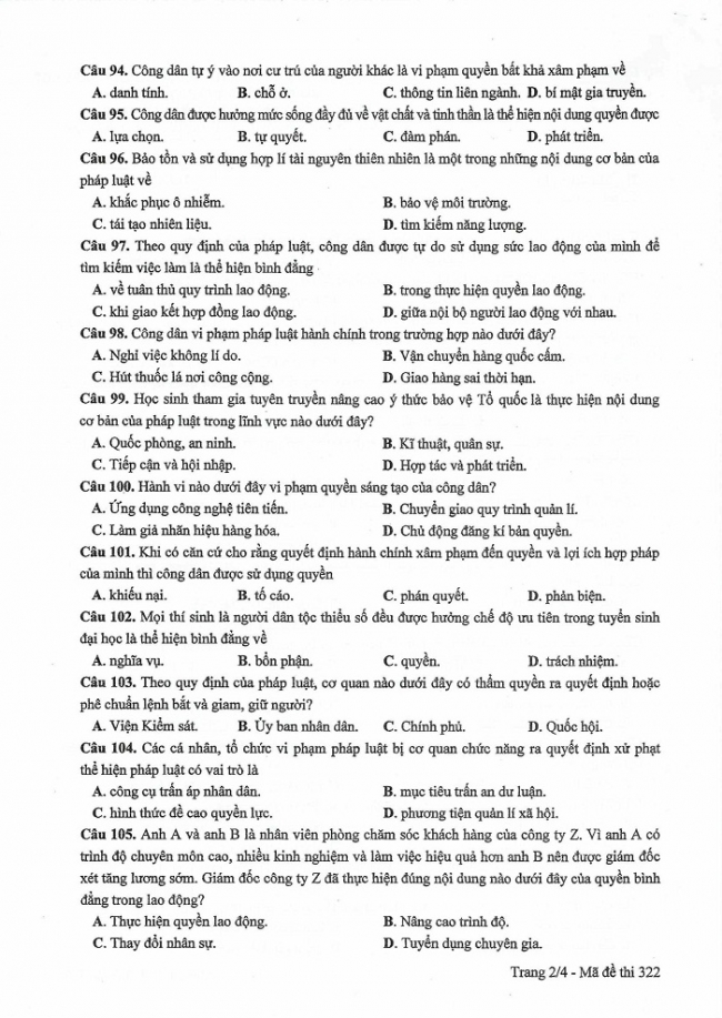 Đề và đáp án môn Công dân mã đề 322 thi THPTQG 2017 – đáp án của bộ GD-ĐT