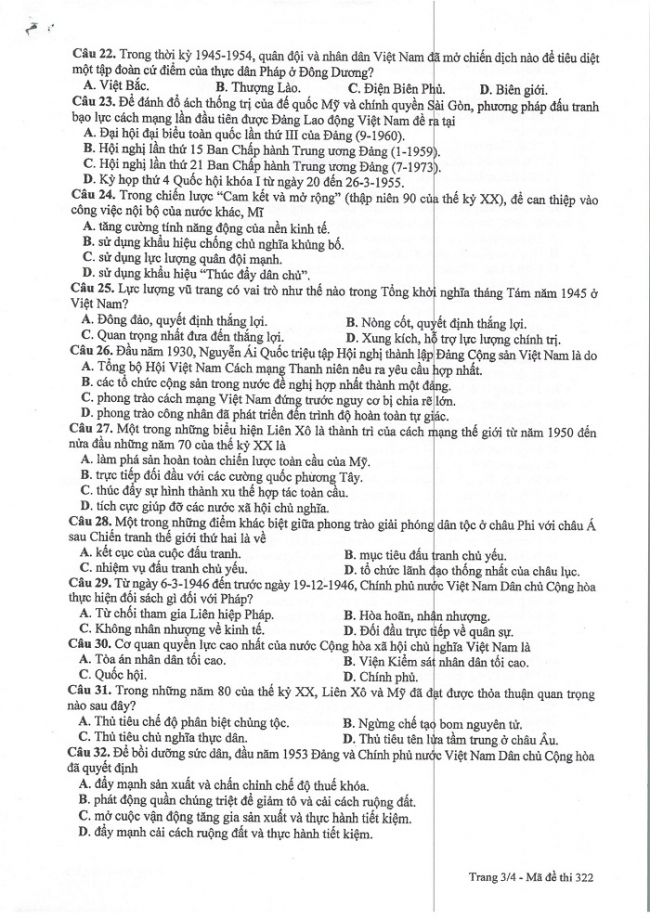 Đề và đáp án môn Sử mã đề 322 thi THPTQG 2017 – đáp án của bộ GD-ĐT