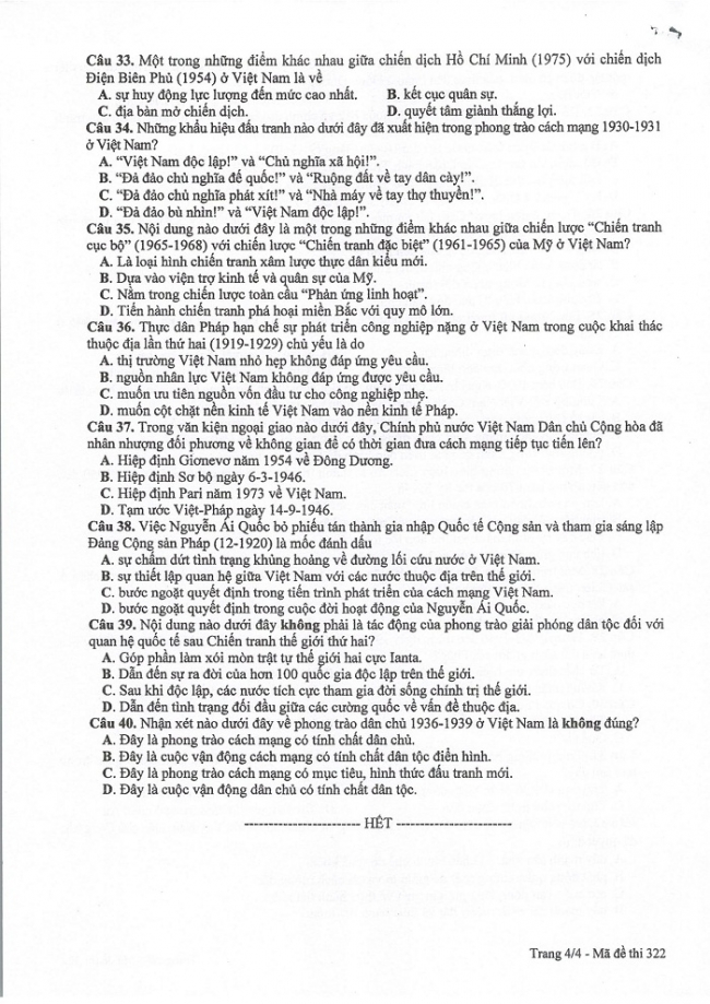 Đề và đáp án môn Sử mã đề 322 thi THPTQG 2017 – đáp án của bộ GD-ĐT