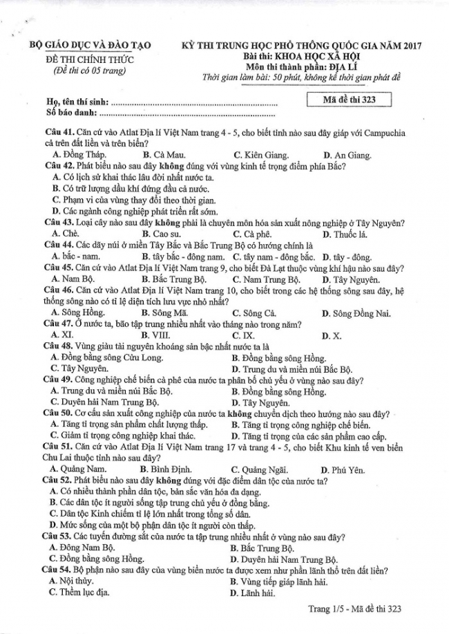 Đề và đáp án môn Địa mã đề 323 thi THPTQG 2017 – đáp án của bộ GD-ĐT