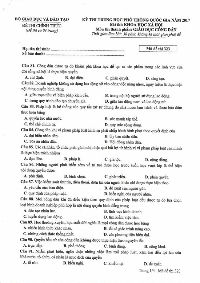 Đề và đáp án môn Công dân mã đề 323 thi THPTQG 2017 – đáp án của bộ GD-ĐT
