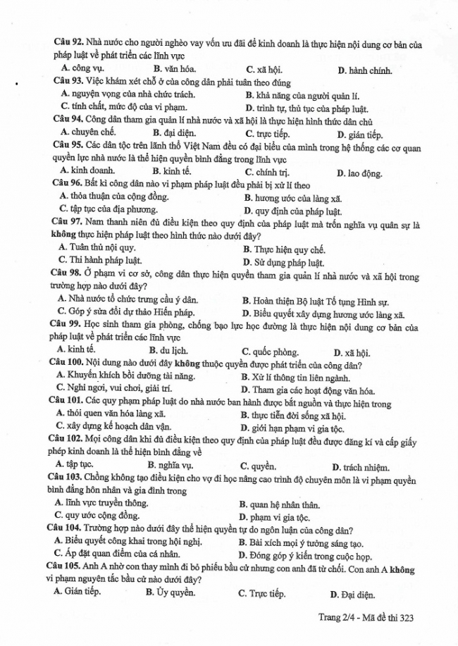 Đề và đáp án môn Công dân mã đề 323 thi THPTQG 2017 – đáp án của bộ GD-ĐT