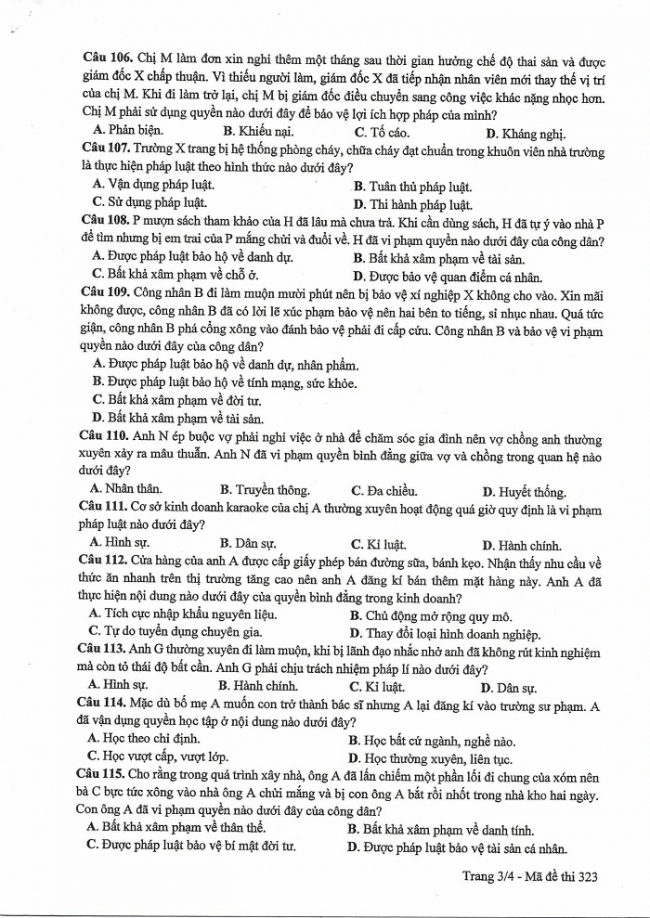 Đề và đáp án môn Công dân mã đề 323 thi THPTQG 2017 – đáp án của bộ GD-ĐT