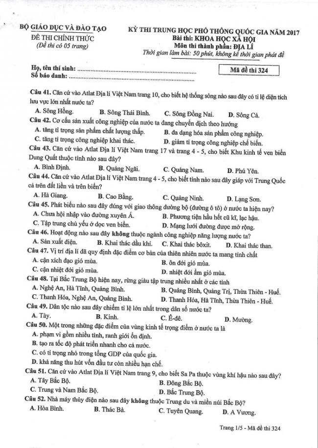 Đề và đáp án môn Địa mã đề 324 thi THPTQG 2017 – đáp án của bộ GD-ĐT
