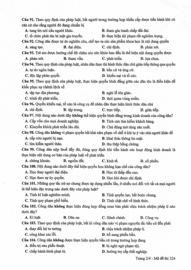 Đề và đáp án môn Công dân mã đề 324 thi THPTQG 2017 – đáp án của bộ GD-ĐT