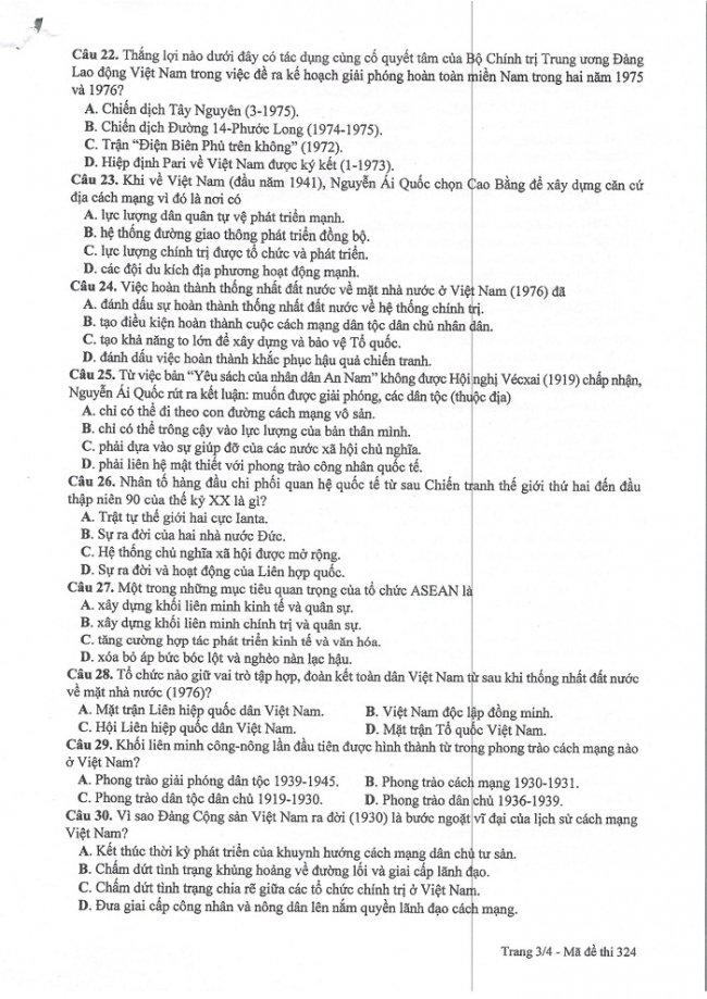 Đề và đáp án môn Sử mã đề 324 thi THPTQG 2017 – đáp án của bộ GD-ĐT