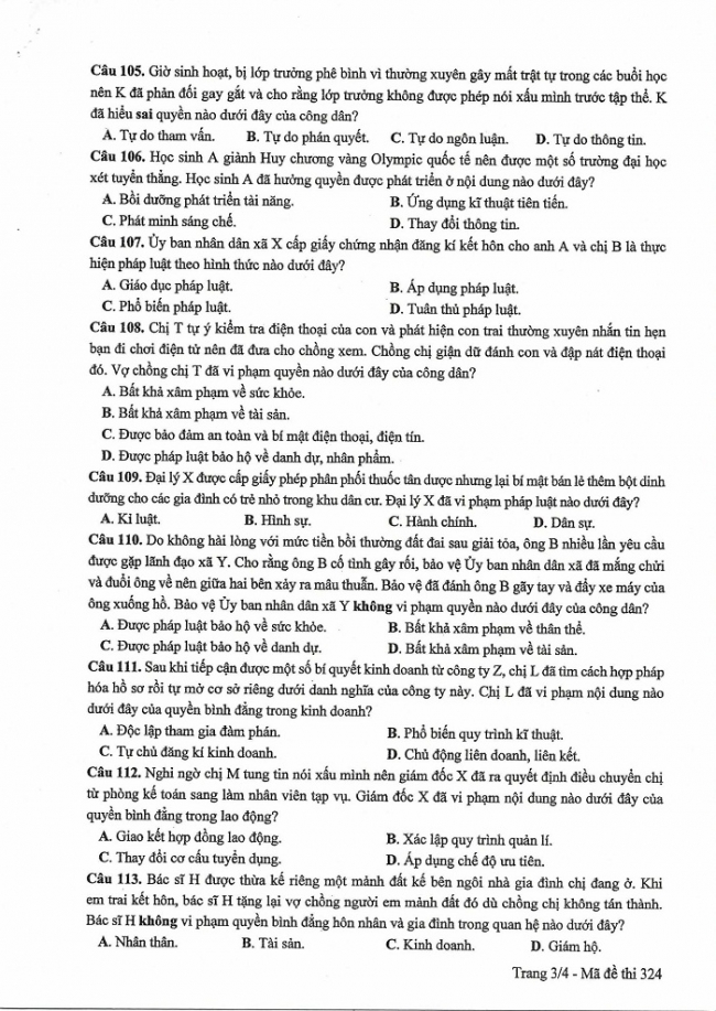 Đề và đáp án môn Công dân mã đề 324 thi THPTQG 2017 – đáp án của bộ GD-ĐT