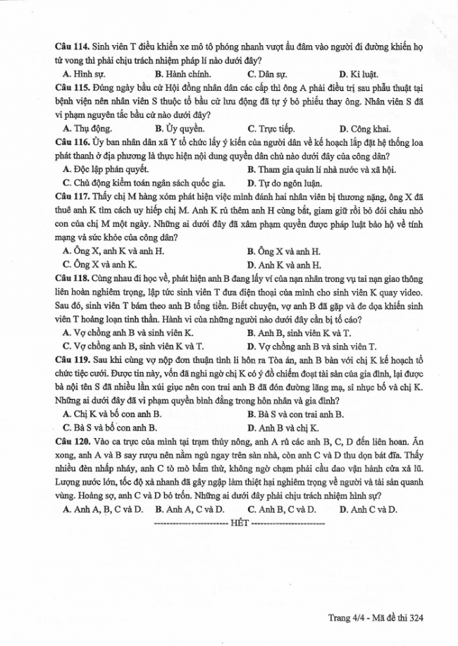 Đề và đáp án môn Công dân mã đề 324 thi THPTQG 2017 – đáp án của bộ GD-ĐT