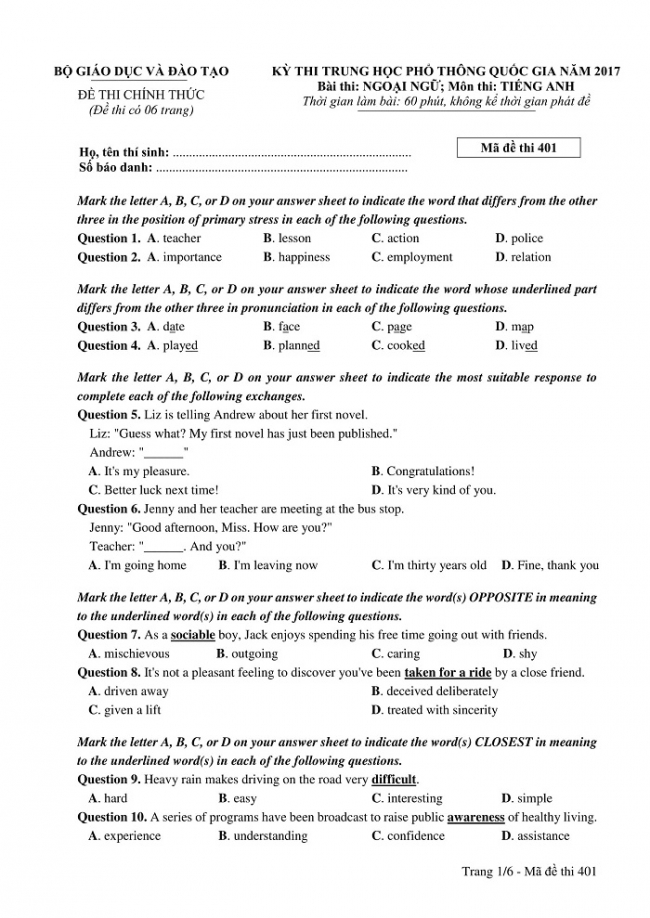 Đề và đáp án môn Tiếng Anh mã đề 401 thi THPT quốc gia năm 2017 - đáp án của bộ GD-ĐT