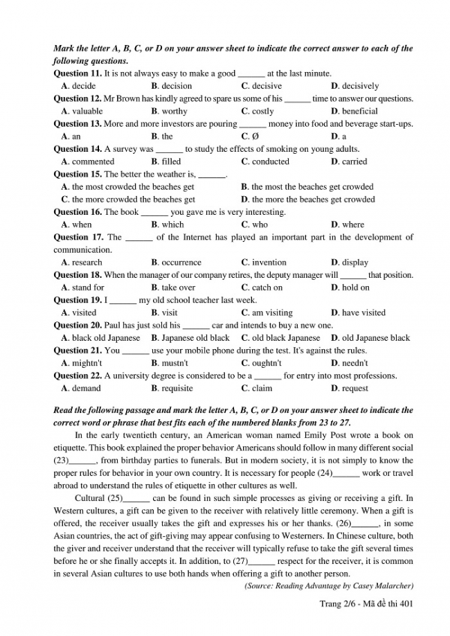 Đề và đáp án môn Tiếng Anh mã đề 401 thi THPT quốc gia năm 2017 - đáp án của bộ GD-ĐT