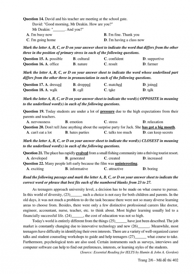 Đề và đáp án môn Tiếng Anh mã đề 402 thi THPT quốc gia năm 2017 - đáp án của bộ GD-ĐT