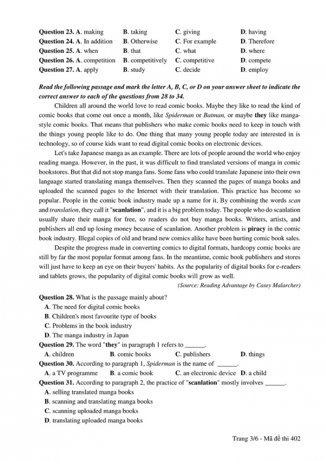 Đề và đáp án môn Tiếng Anh mã đề 402 thi THPT quốc gia năm 2017 - đáp án của bộ GD-ĐT