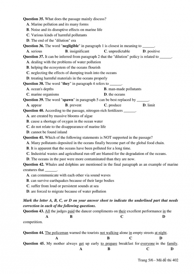 Đề và đáp án môn Tiếng Anh mã đề 402 thi THPT quốc gia năm 2017 - đáp án của bộ GD-ĐT