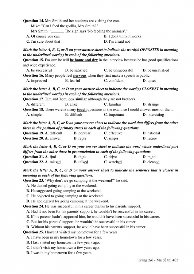 Đề và đáp án môn Tiếng Anh mã đề 403 thi THPT quốc gia năm 2017 - đáp án của bộ GD-ĐT