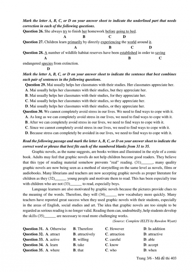 Đề và đáp án môn Tiếng Anh mã đề 403 thi THPT quốc gia năm 2017 - đáp án của bộ GD-ĐT