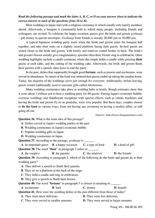 Đề và đáp án môn Tiếng Anh mã đề 403 thi THPT quốc gia năm 2017 - đáp án của bộ GD-ĐT
