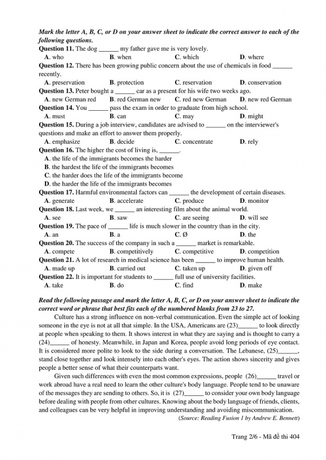 Đề và đáp án môn Tiếng Anh mã đề 404 thi THPT quốc gia năm 2017 - đáp án của bộ GD-ĐT