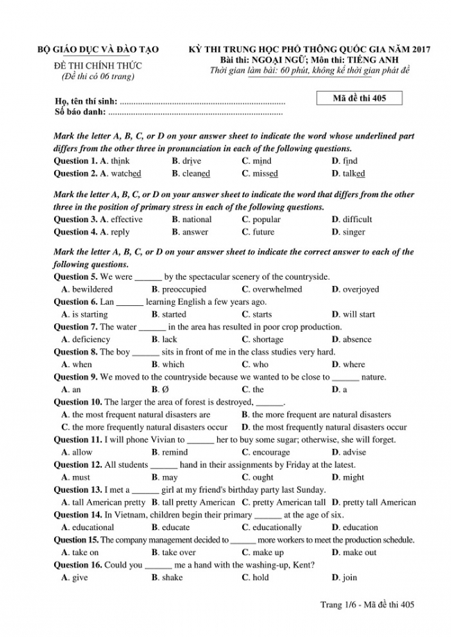 Đề và đáp án môn Tiếng Anh mã đề 405 thi THPT quốc gia năm 2017 - đáp án của bộ GD-ĐT