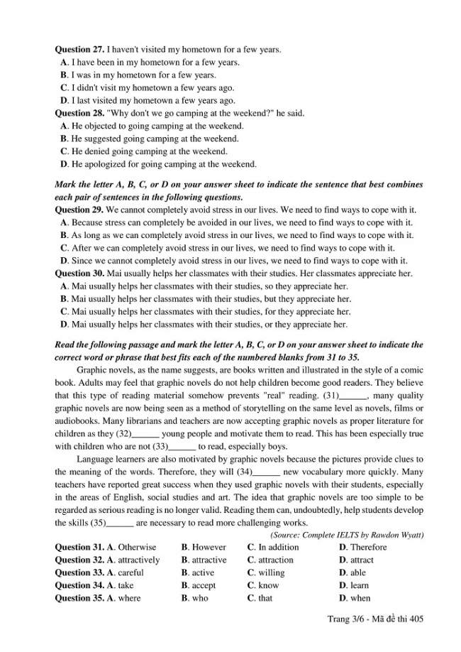 Đề và đáp án môn Tiếng Anh mã đề 405 thi THPT quốc gia năm 2017 - đáp án của bộ GD-ĐT