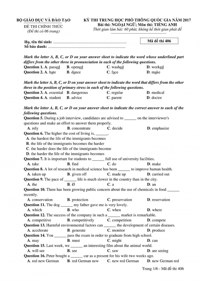 Đề và đáp án môn Tiếng Anh mã đề 406 thi THPT quốc gia năm 2017 - đáp án của bộ GD-ĐT