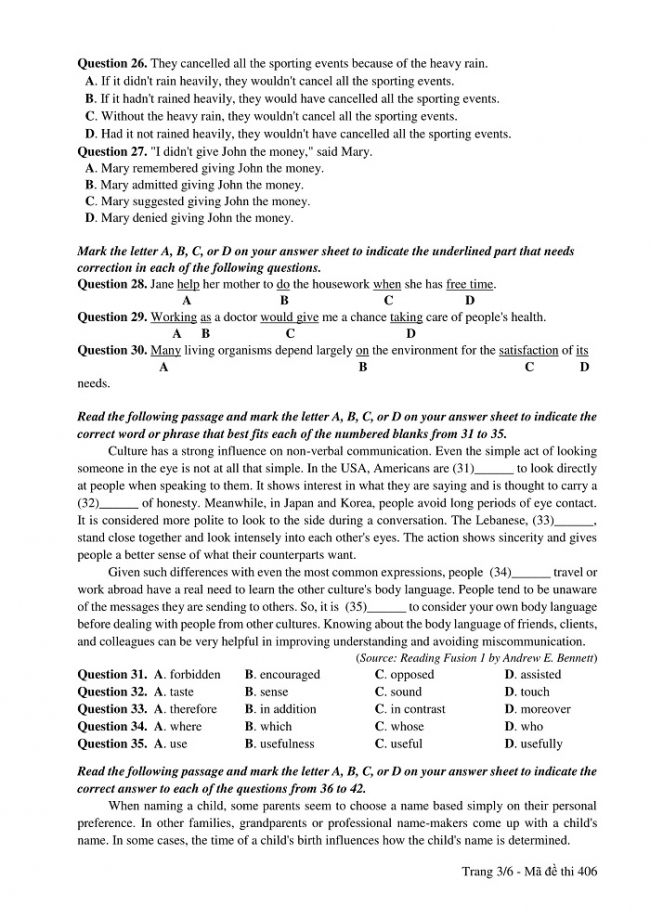 Đề và đáp án môn Tiếng Anh mã đề 406 thi THPT quốc gia năm 2017 - đáp án của bộ GD-ĐT