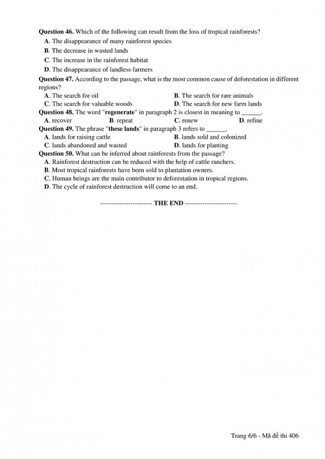 Đề và đáp án môn Tiếng Anh mã đề 406 thi THPT quốc gia năm 2017 - đáp án của bộ GD-ĐT