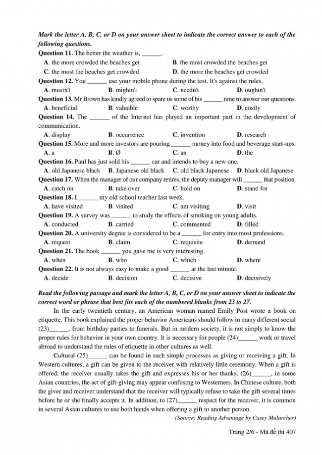 Đề và đáp án môn Tiếng Anh mã đề 407 thi THPT quốc gia năm 2017 - đáp án của bộ GD-ĐT
