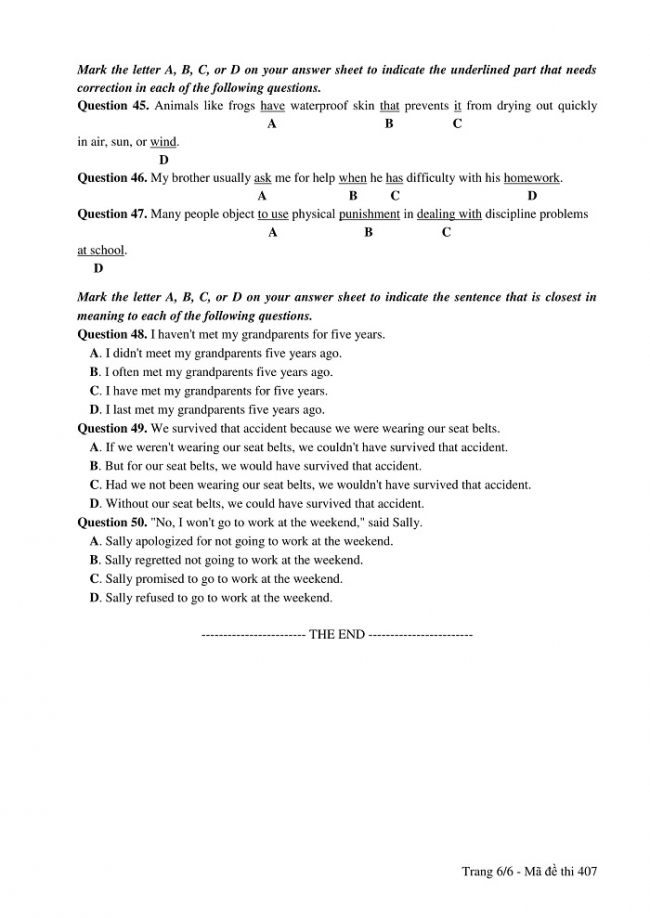 Đề và đáp án môn Tiếng Anh mã đề 407 thi THPT quốc gia năm 2017 - đáp án của bộ GD-ĐT