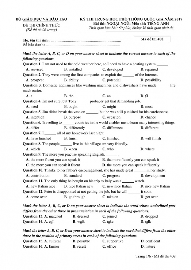 Đề và đáp án môn Tiếng Anh mã đề 408 thi THPT quốc gia năm 2017 - đáp án của bộ GD-ĐT