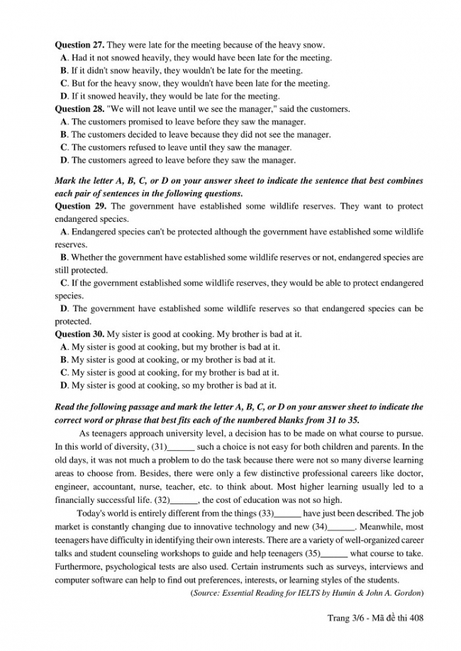 Đề và đáp án môn Tiếng Anh mã đề 408 thi THPT quốc gia năm 2017 - đáp án của bộ GD-ĐT