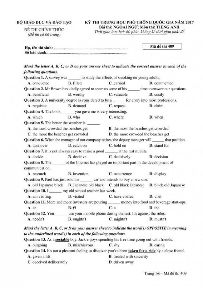 Đề và đáp án môn Tiếng Anh mã đề 409 thi THPT quốc gia năm 2017 - đáp án của bộ GD-ĐT