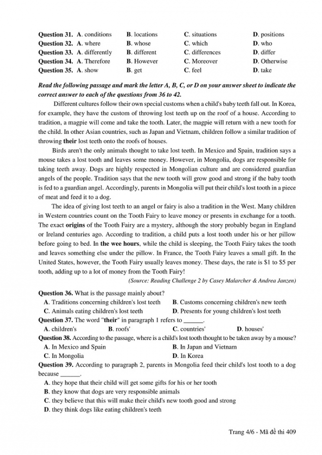 Đề và đáp án môn Tiếng Anh mã đề 409 thi THPT quốc gia năm 2017 - đáp án của bộ GD-ĐT