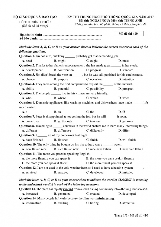 Đề và đáp án môn Tiếng Anh mã đề 410 thi THPT quốc gia năm 2017 - đáp án của bộ GD-ĐT