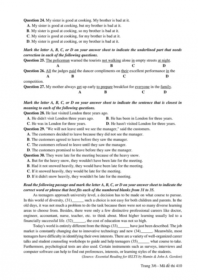 Đề và đáp án môn Tiếng Anh mã đề 410 thi THPT quốc gia năm 2017 - đáp án của bộ GD-ĐT