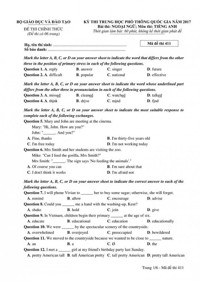 Đề và đáp án môn Tiếng Anh mã đề 411 thi THPT quốc gia năm 2017 - đáp án của bộ GD-ĐT