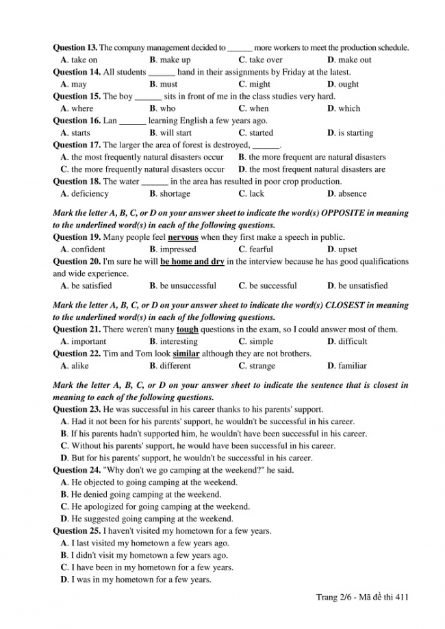 Đề và đáp án môn Tiếng Anh mã đề 411 thi THPT quốc gia năm 2017 - đáp án của bộ GD-ĐT