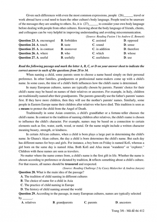Đề và đáp án môn Tiếng Anh mã đề 412 thi THPT quốc gia năm 2017 - đáp án của bộ GD-ĐT