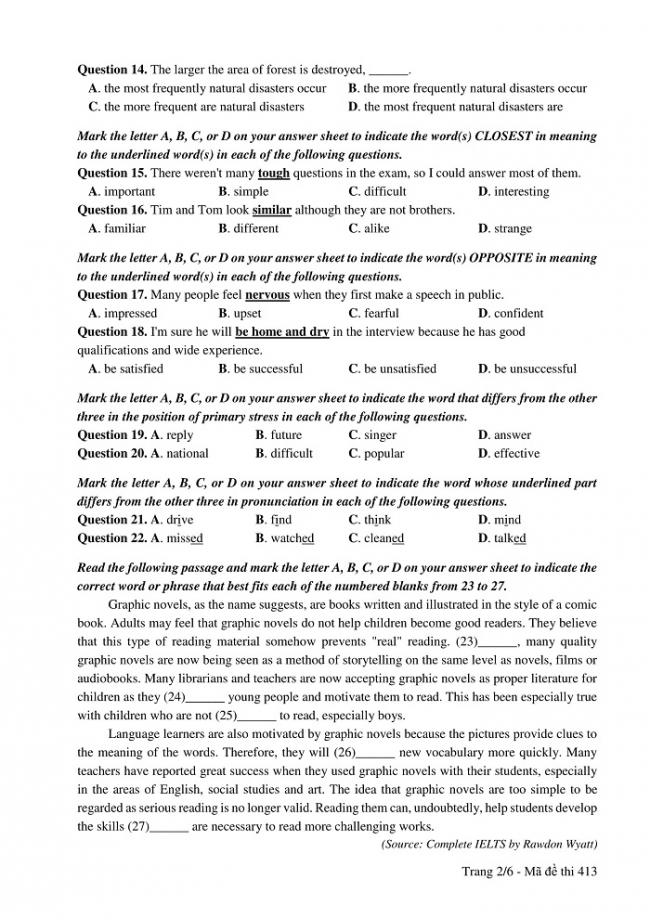 Đề và đáp án môn Tiếng Anh mã đề 413 thi THPT quốc gia năm 2017 - đáp án của bộ GD-ĐT