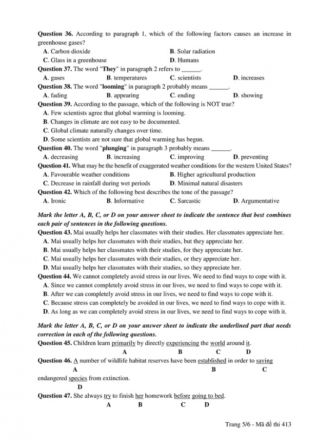 Đề và đáp án môn Tiếng Anh mã đề 413 thi THPT quốc gia năm 2017 - đáp án của bộ GD-ĐT