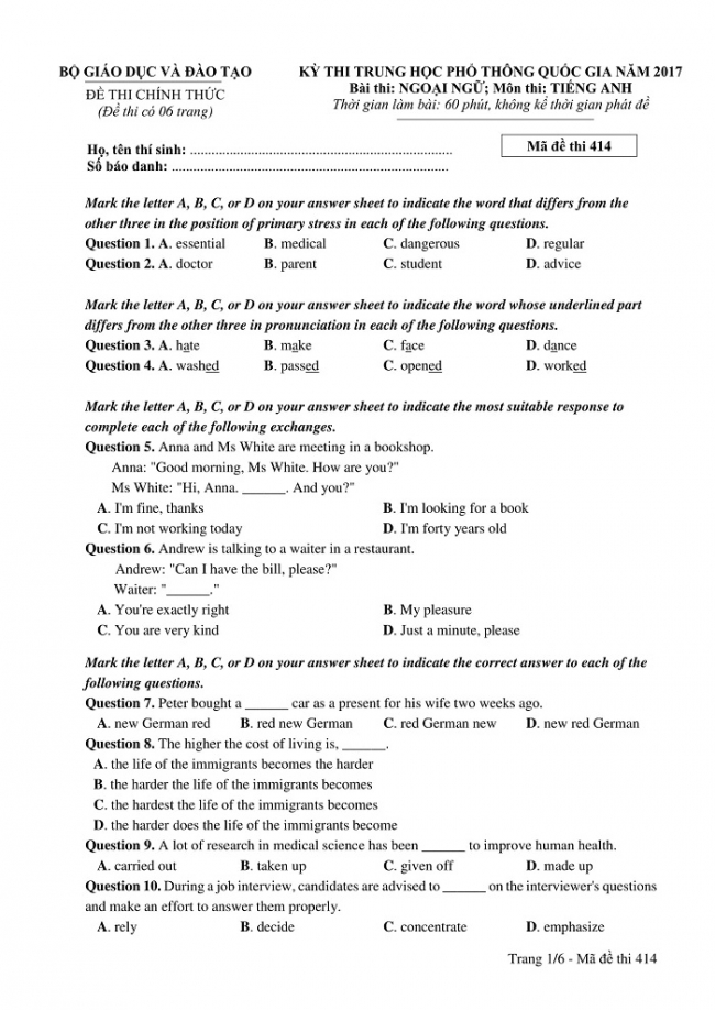 Đề và đáp án môn Tiếng Anh mã đề 405 thi THPT quốc gia năm 2017 - đáp án của bộ GD-ĐT